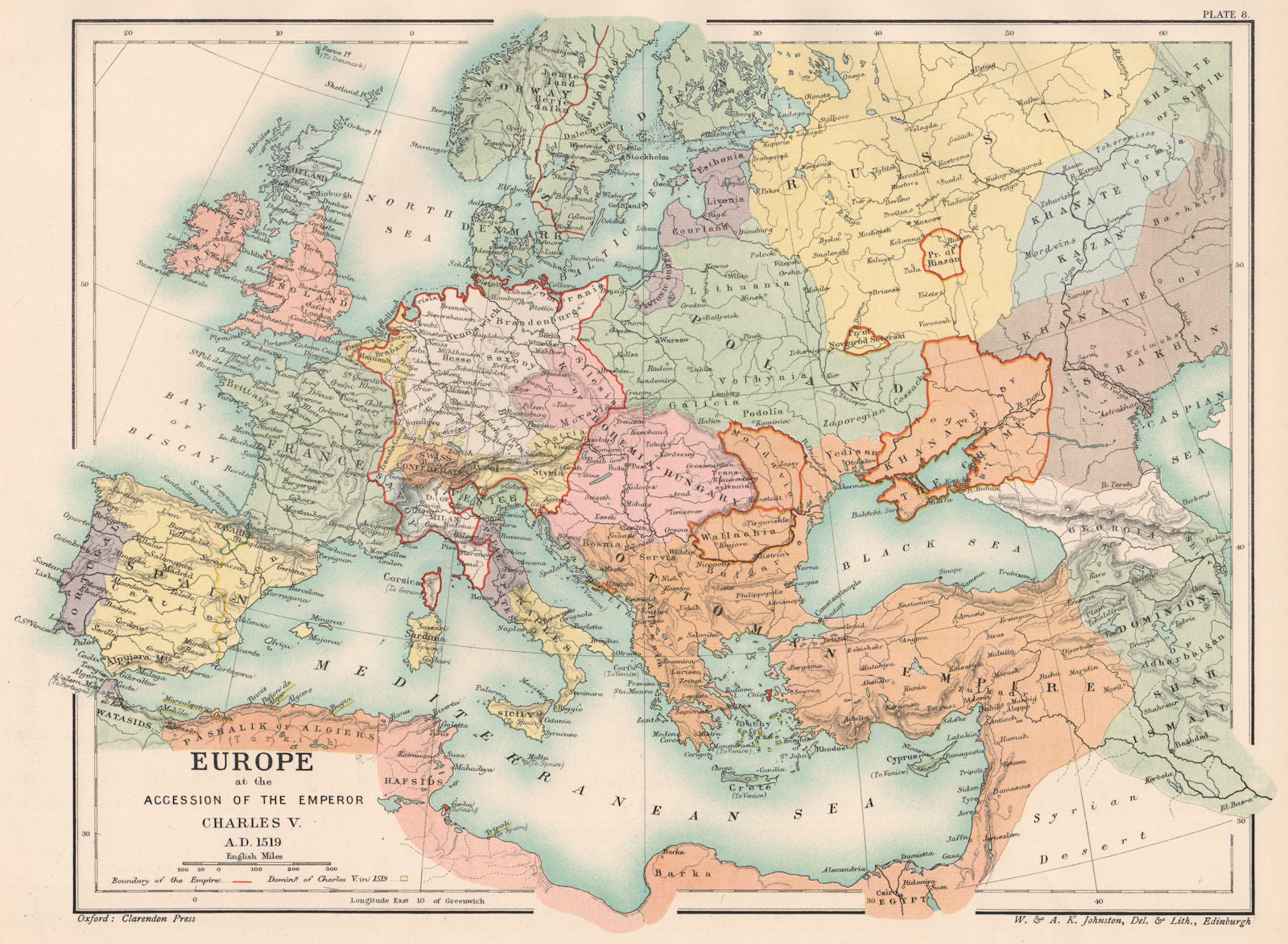 HOLY ROMAN EMPIRE 1519. Europe upon Accession of Emperor Charles V 1902 map
